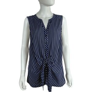 Allie Rose Navy Blue & White Striped Sleeveless Tied Front Button Down